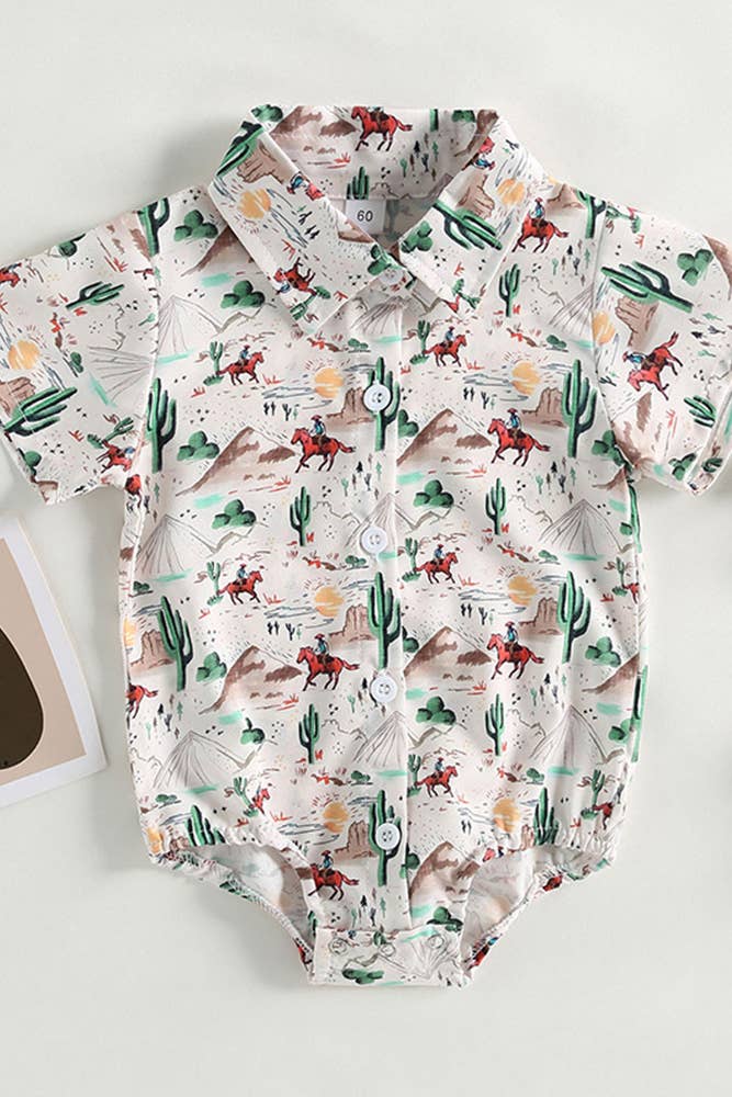 Western Style Cactus Print Button Up Shirt Romper