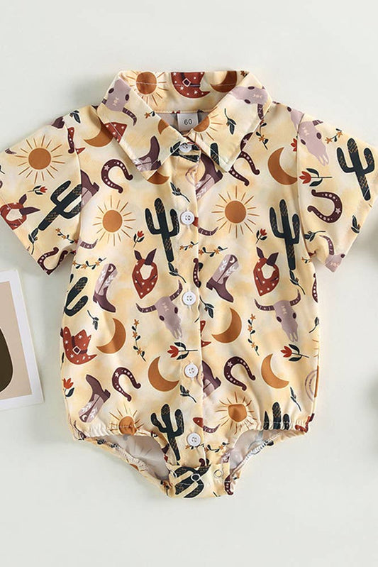 Western Style Cactus Print Button Up Shirt Romper